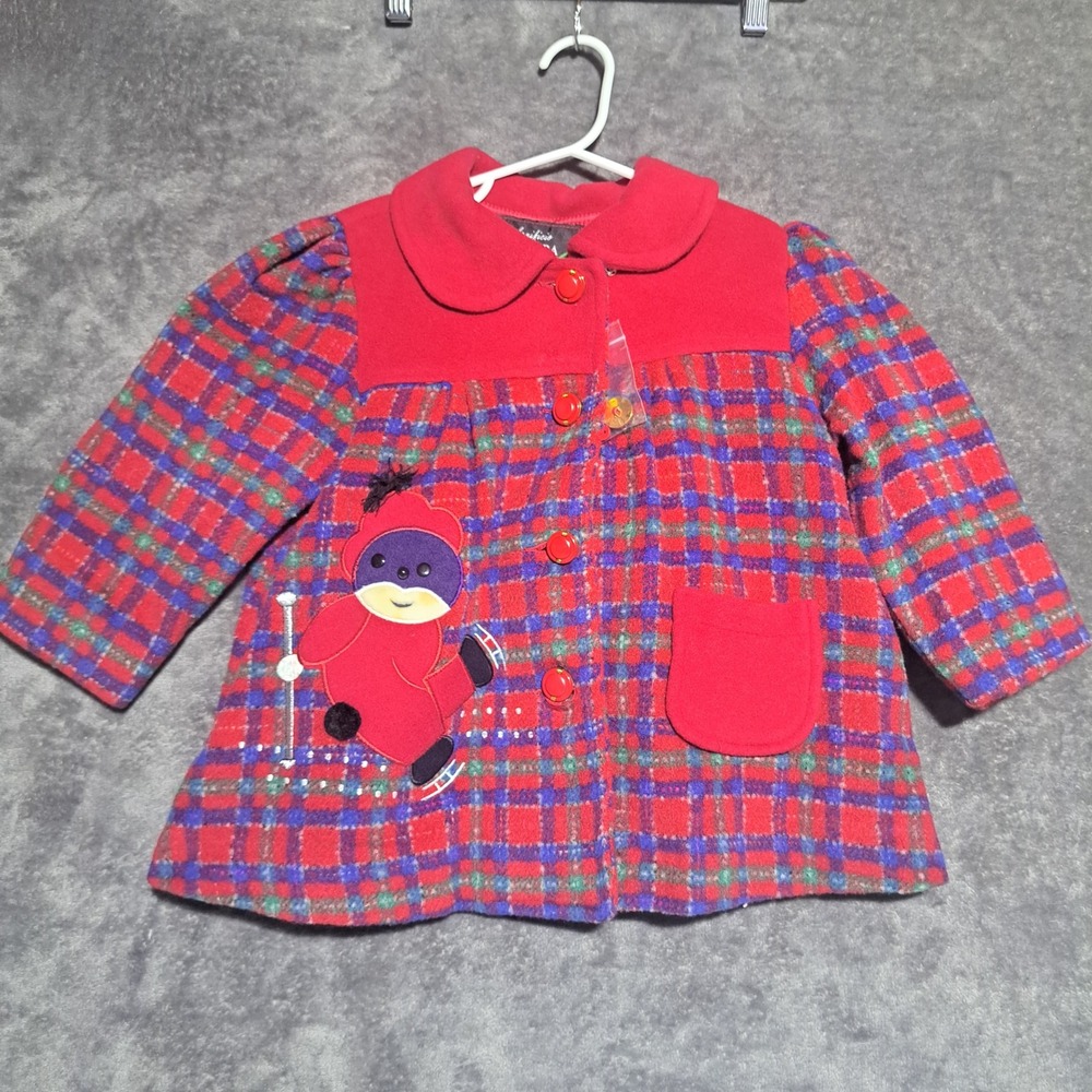 VTG Lanificio Coba Wool Toddler Coat Red Plaid Ski Applique Italian Made